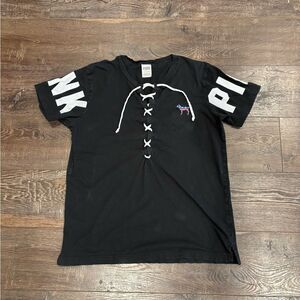 VICTORIAS SECRET PINK American Flag Dog Lace Up Shirt Small